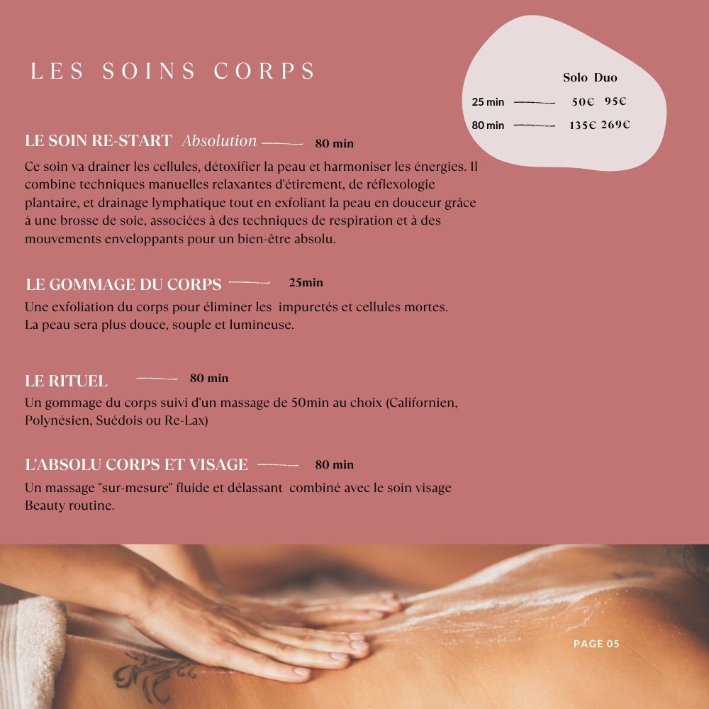 Carte des soins corps Spa Les Roches Noires